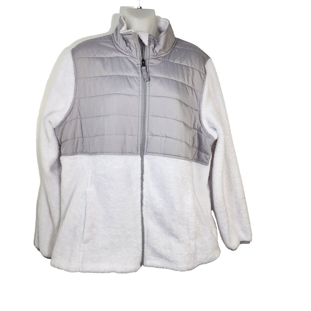 Faded Glory Womens Jacket 1X 16W White Gray Fleece Long Sleeve Full Zip Lined